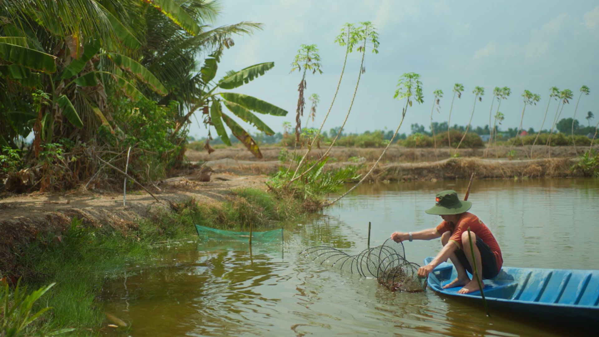 a farmer harvesting shrimp